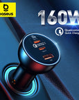 Baseus 160W Car Charger QC 5.0 Fast Quick Charging PPS PD3.0 USB Type C Car Phone Charge For iPhone 13 14 15 Pro Laptops Tablets